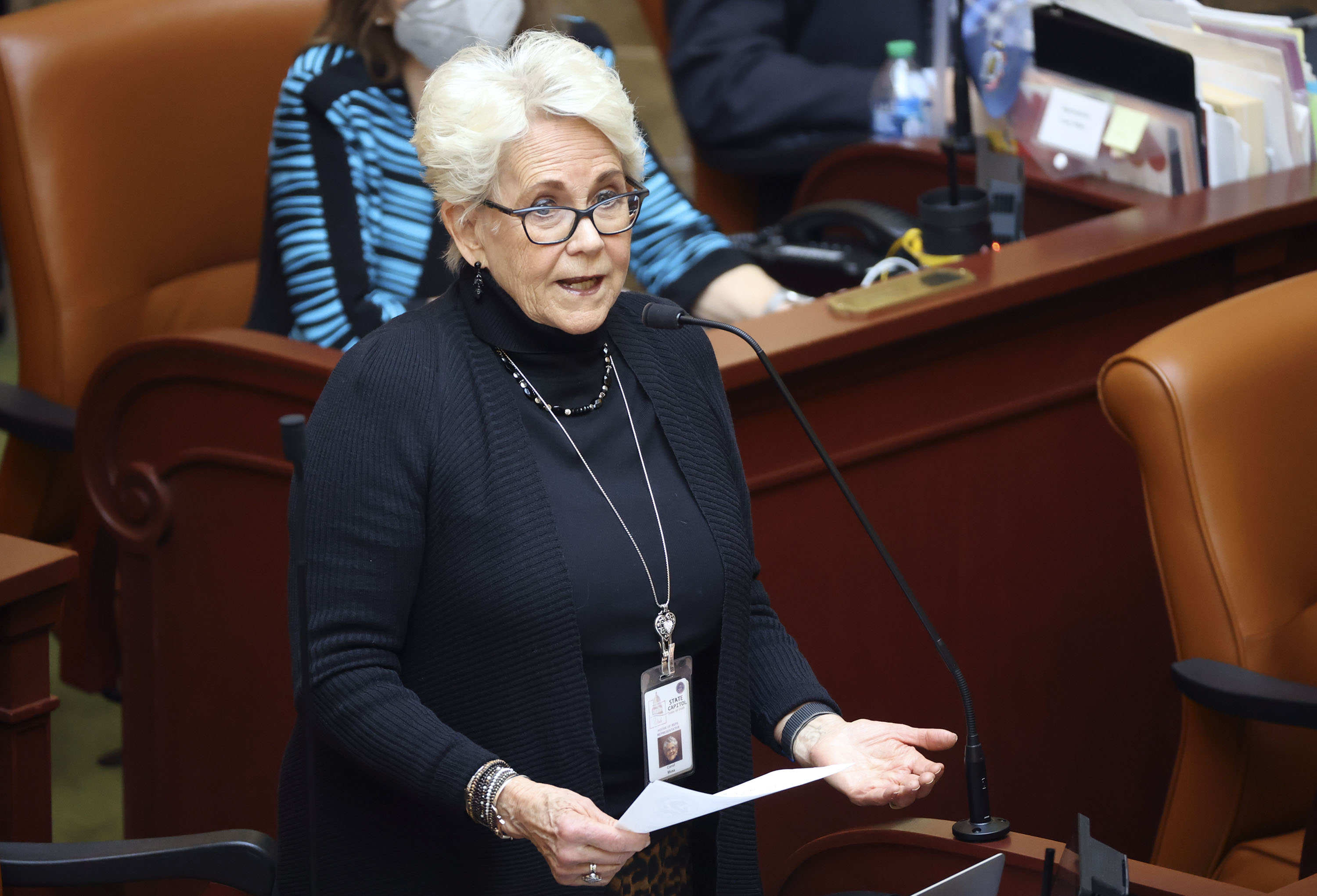 Rep. Carol Spackman Moss, D-Holladay, speaks at the Capitol in Salt Lake City on Jan. 21. Moss's bill to require divorced couples with children to attend an educational course when they need to change their parenting plan failed in the House on Monday.