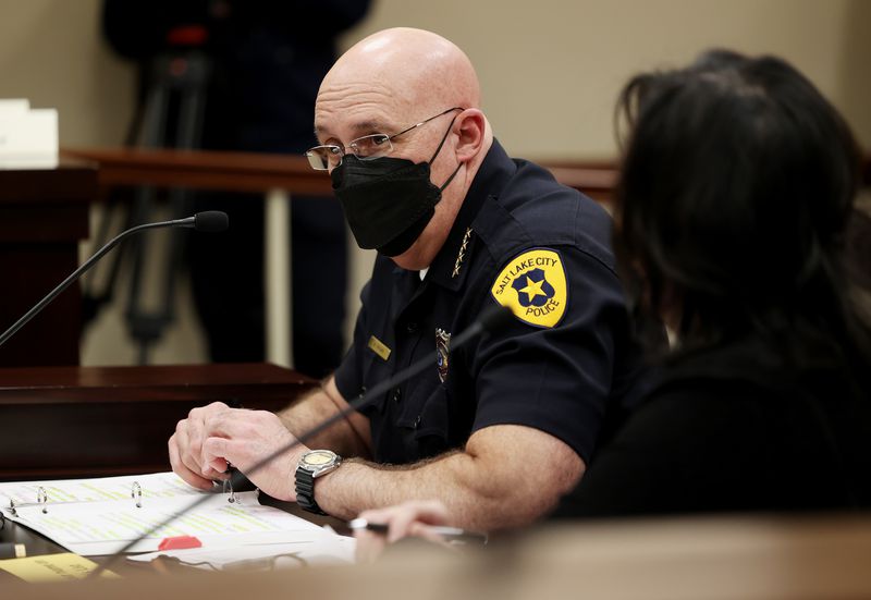Salt Lake Police Chief Mike Brown testifies in the
Senate Transportation, Public Utilities, Energy and Technology
Standing Committee about SB53 in the Senate Building at the Capitol
in Salt Lake City on Wednesday.