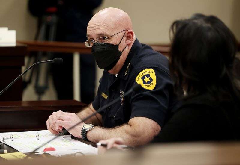 Salt Lake Police Chief Mike Brown testifies in the
Senate Transportation, Public Utilities, Energy and Technology
Standing Committee about SB53 in the Senate Building at the Capitol
in Salt Lake City on Wednesday.