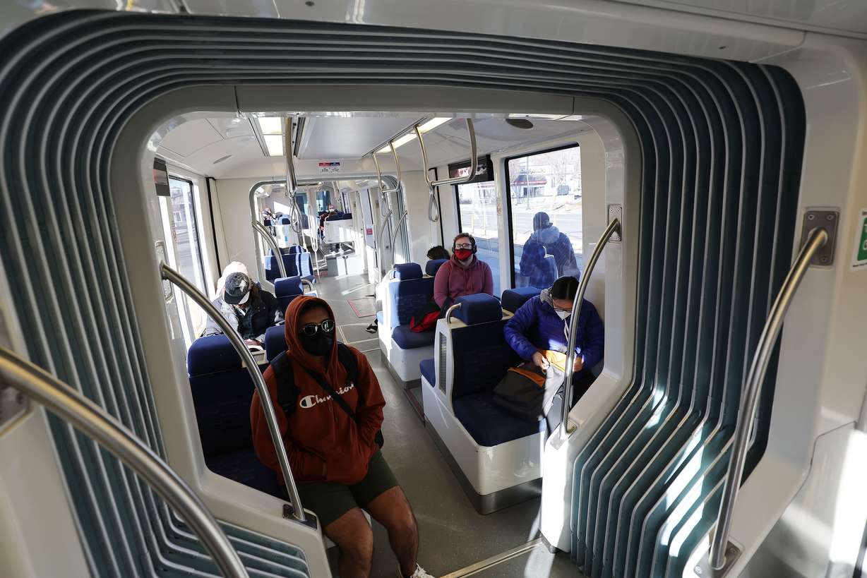 TRAX riders take a train during Free Fare February in Salt Lake City on Tuesday, Feb. 1, 2022. Free public transportation across all of UTA’s network is available for the entire month of February.