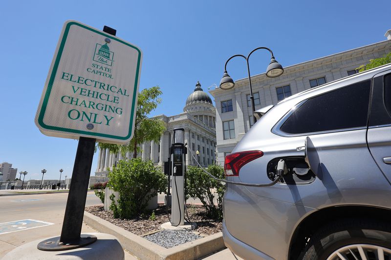 An electric car charges at the Capitol in Salt Lake
City on June 4, 2021.