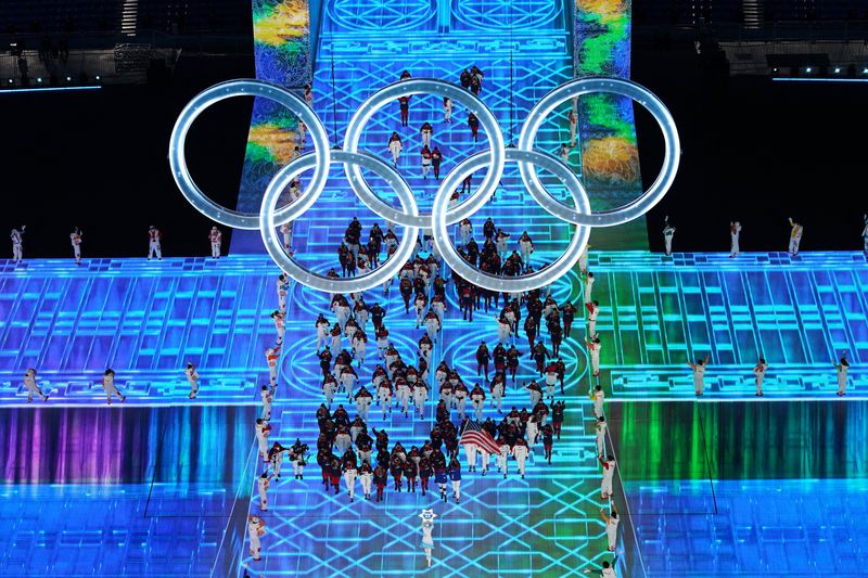 2022 Beijing Olympics,  Opening Ceremony in National Stadium, Beijing, China, Feb. 4, 2022. The United States  contingent is seen during the athletes parade at the opening ceremony.