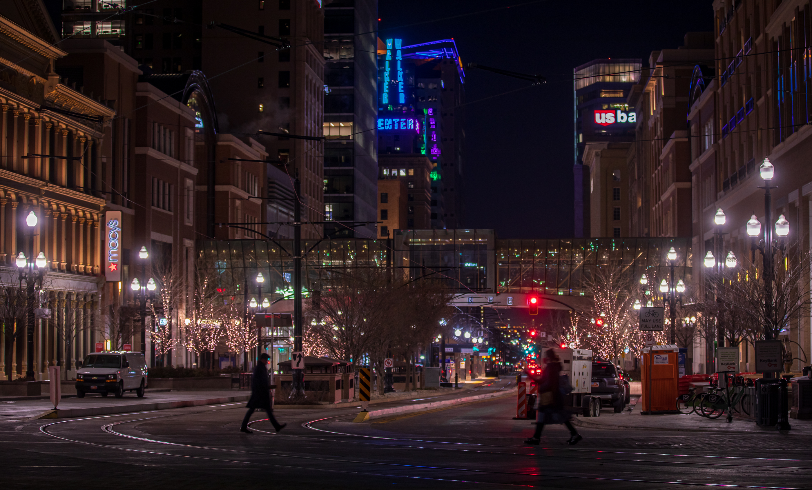 People walk through downtown Salt Lake City on Feb. 3, with the Walker Center Tower lit up in the background. The Walker Tower and the Salt Lake City-County Building will be illuminated in the colors of the Mexican Flag on Sep. 15-16 to commemorate the 212th anniversary of the independence of Mexico.