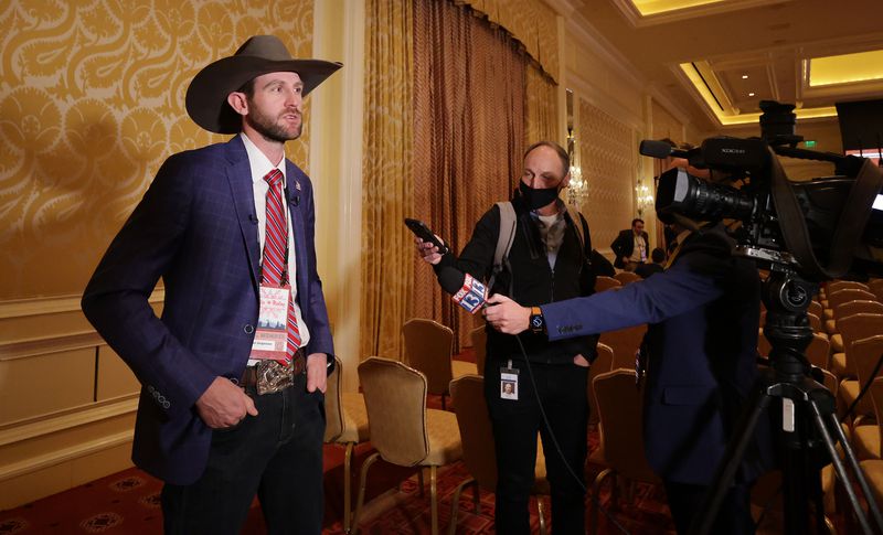 Carson Jorgensen, Utah Republican Party chairman,
speaks to media during the Republican National Committee general
session at the Grand America Hotel in Salt Lake City on Friday.