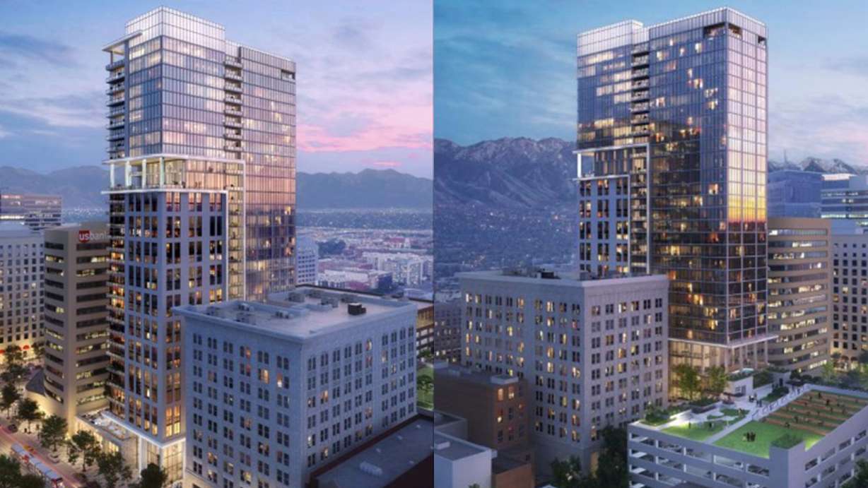 Artist renderings of the exterior of the proposed Main Street Tower from the east and west released in March 2021.