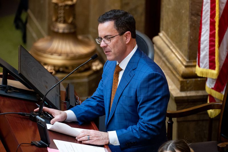 House Speaker Brad Wilson, R-Kaysville, oversees
lawmakers in the House during the 2022 legislative session at the
Capitol in Salt Lake City on Thursday.