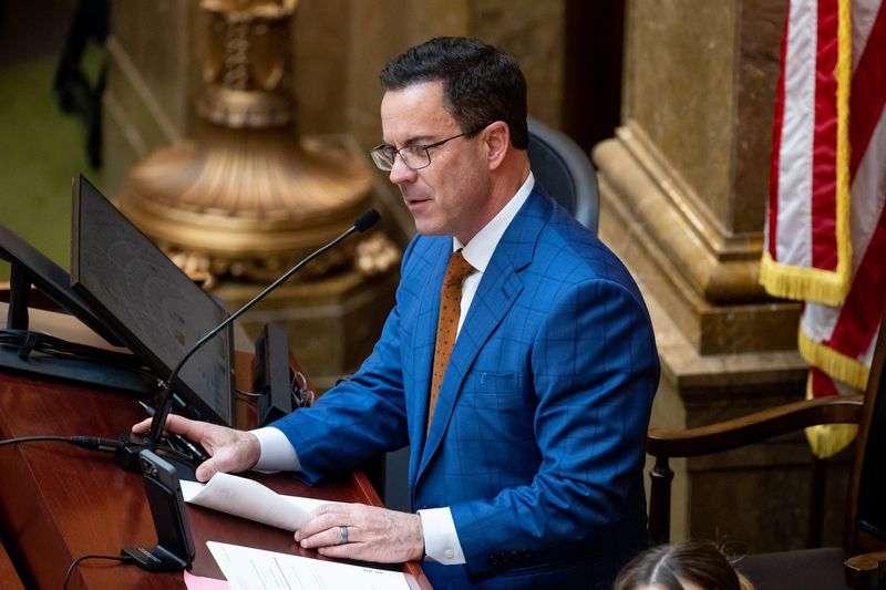 House Speaker Brad Wilson, R-Kaysville, oversees
lawmakers in the House during the 2022 legislative session at the
Capitol in Salt Lake City on Thursday.
