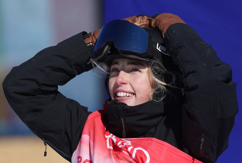 2022 Beijing Olympics - Snowboard - Women's SBD SS Qualification - Run 2 - Genting Snow Park, Zhangjiakou, China - February 5, 2022.  Zoi Sadowski Synnott of New Zealand reacts after competing.