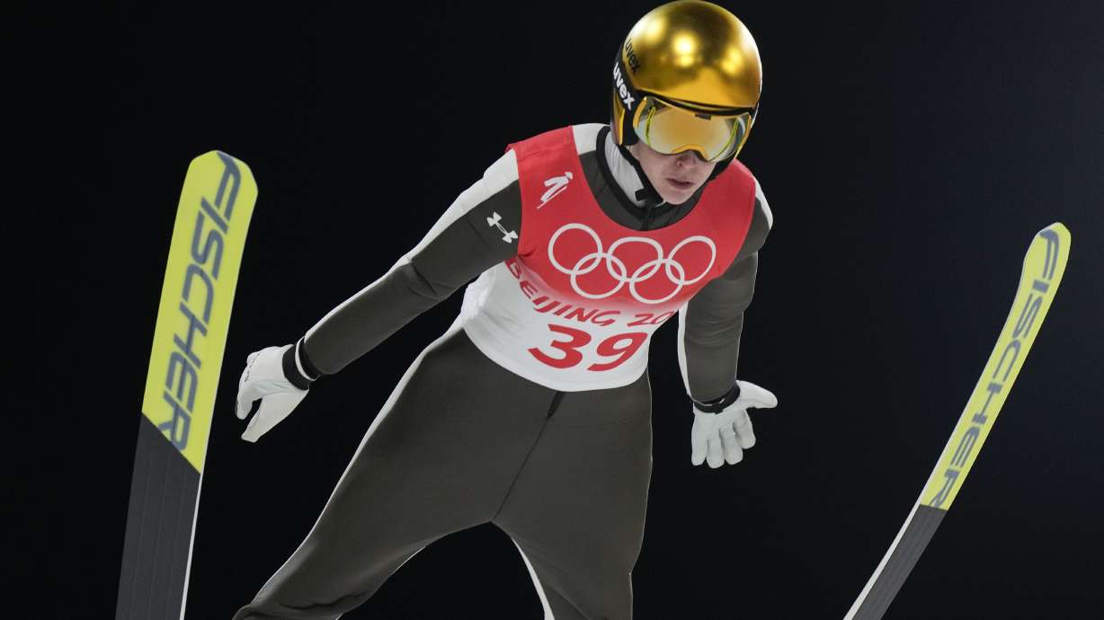 Ursa Bogataj, of Slovenia, soars through the air during the women's normal hill individual ski jumping trial round at the 2022 Winter Olympics, Saturday, Feb. 5, 2022, in Zhangjiakou, China.