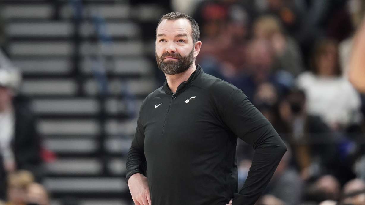 Utah Jazz acting head coach Alex Jensen looks on in the first half during an NBA basketball game against the Denver Nuggets Wednesday, Feb. 2, 2022, in Salt Lake City. (AP Photo/Rick Bowmer)