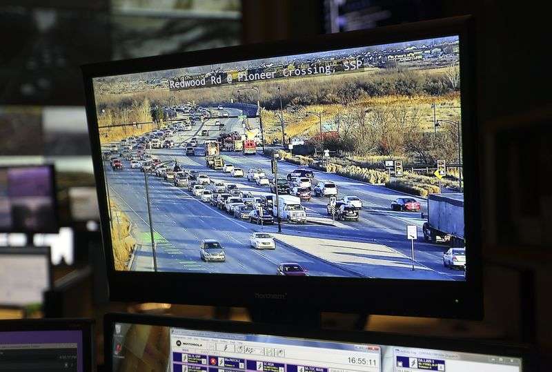 A computer monitor shows live traffic camera footage of
an accident involving a cement truck near Redwood Road and Pioneer
Crossing at the Utah Department of Transportation Operations Center
in Salt Lake City on Monday, Jan. 24.