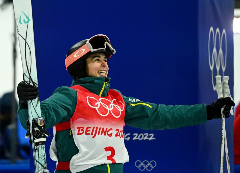 2022 Beijing Olympics - Freestyle Skiing - Women's Moguls - Final 3 - Genting Snow Park, Zhangjiakou, China - February 6, 2022.  Jakara Anthony of Australia celebrates after winning gold.