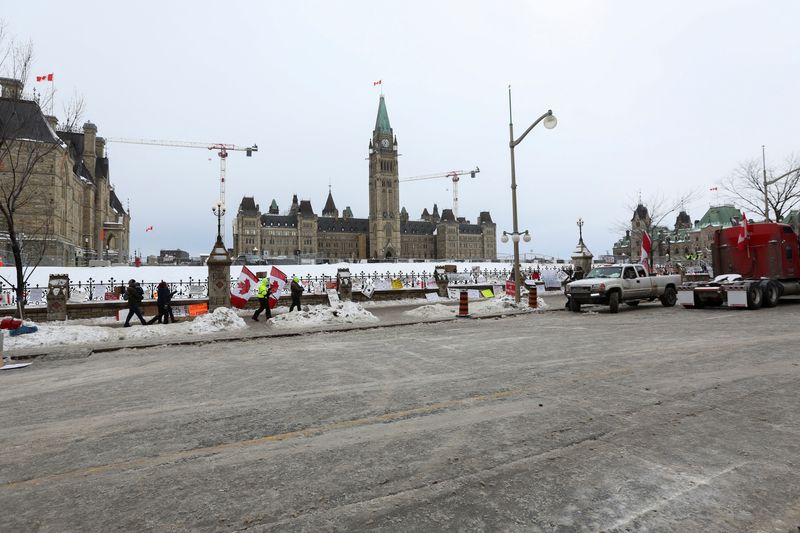 A section of Wellington street in front of Parliament Hill is seen clear of trucks, as truckers and supporters continue to protest COVID-19 vaccine mandates, in Ottawa, Ontario, Canada, on Sunday.