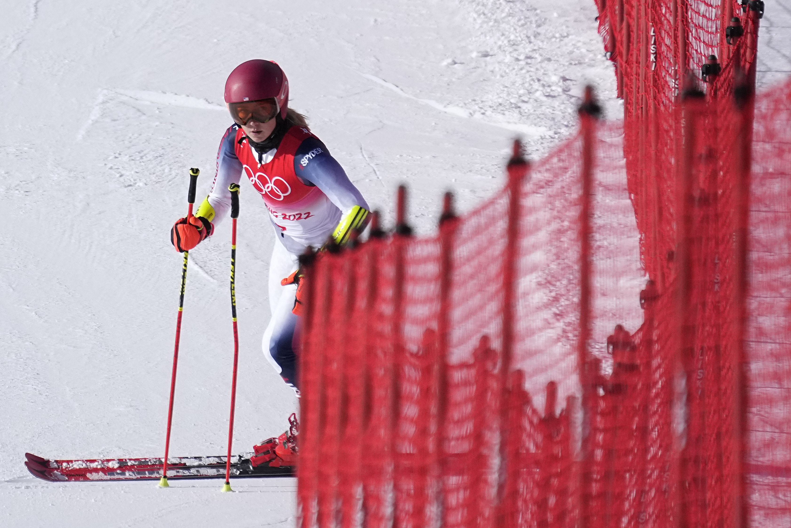 Mikaela Shiffrin of United States after skiing off course during the first run of the women's giant slalom at the 2022 Winter Olympics, Monday, Feb. 7, 2022, in the Yanqing district of Beijing. 