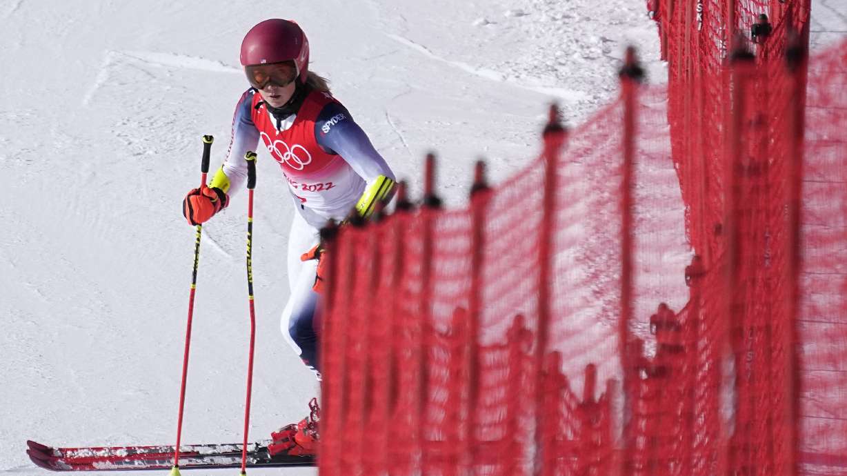 Mikaela Shiffrin of United States after skiing off course during the first run of the women's giant slalom at the 2022 Winter Olympics, Monday, Feb. 7, 2022, in the Yanqing district of Beijing.