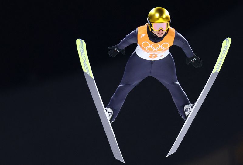 2022 Beijing Olympics - Ski Jumping - Mixed Team 1st Round - National Ski Jumping Centre, Zhangjiakou, China - February 7, 2022. Katharina Althaus of Germany in action.
