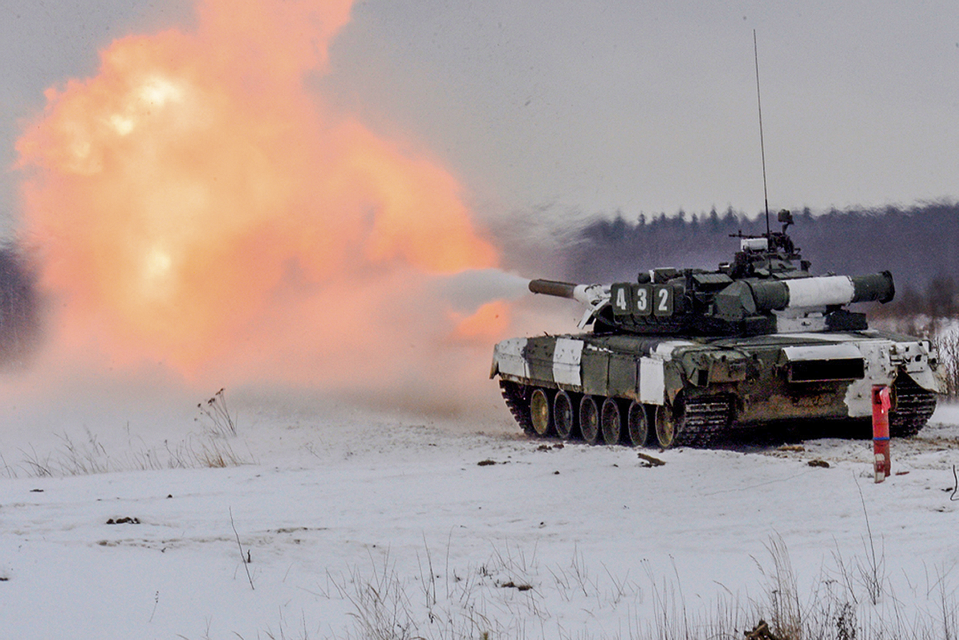 In this photo released by the Russian Defense Ministry Press Service on in Nizhny Novgorod, Russia, Saturday, a tank takes part in a military exercise, in Russia.