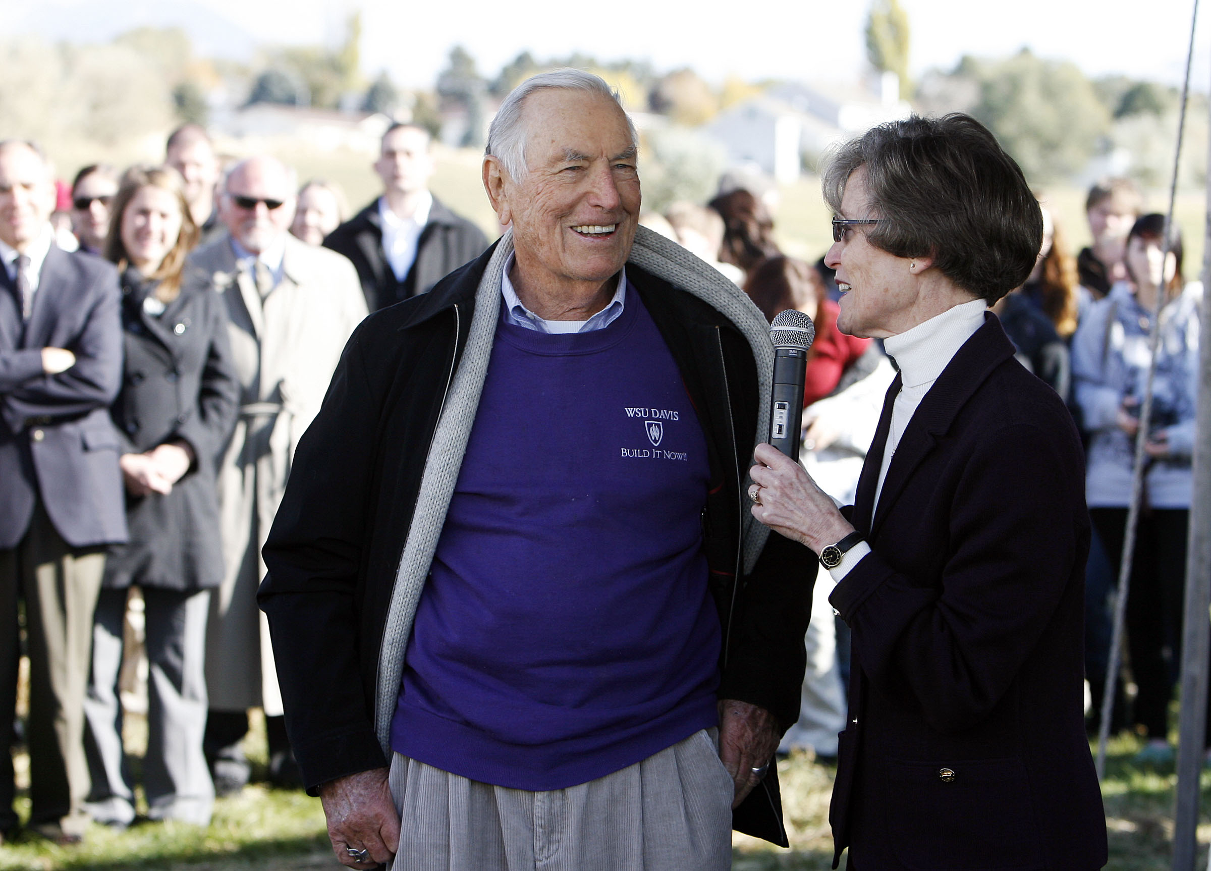 Haven Barlow and President F. Ann Millner of Weber State University speak during groundbreaking ceremonies for the expansion of Weber State University's Davis campus in Layton on Nov. 8, 2011. Barlow, Utah's longest-serving lawmaker, died Sunday at age 100.