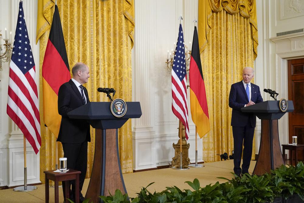 President Joe Biden speaks during a joint news conference with German Chancellor Olaf Scholz in the East Room of the White House, Monday. Biden said Monday “there will no longer be Nord Stream 2,” a crucial European gas pipeline, if Russia further invades Ukraine with “tanks or troops."