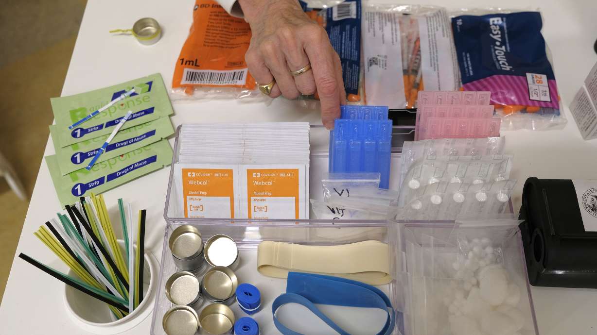 Supplies are shown on a desk at Safer Inside, a realistic model of a safe injection site in San Francisco on Aug. 29, 2018. The Justice Department is signaling it might be open to allowing so-called safe injection sites, or safe havens for people to use heroin and other narcotics with protections against fatal overdoses.