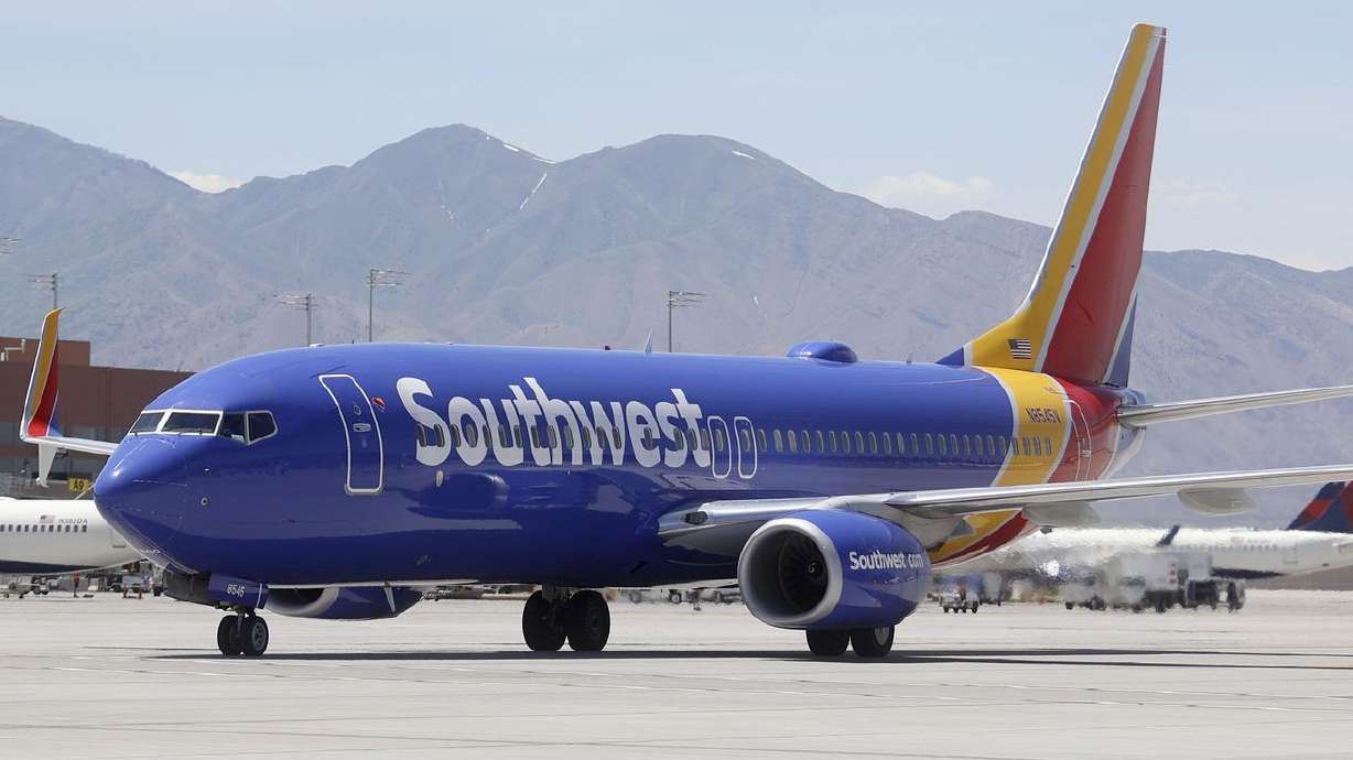 A Southwest plane taxis on the tarmac at the Salt Lake City International Airport in Salt Lake City on June 1, 2021.