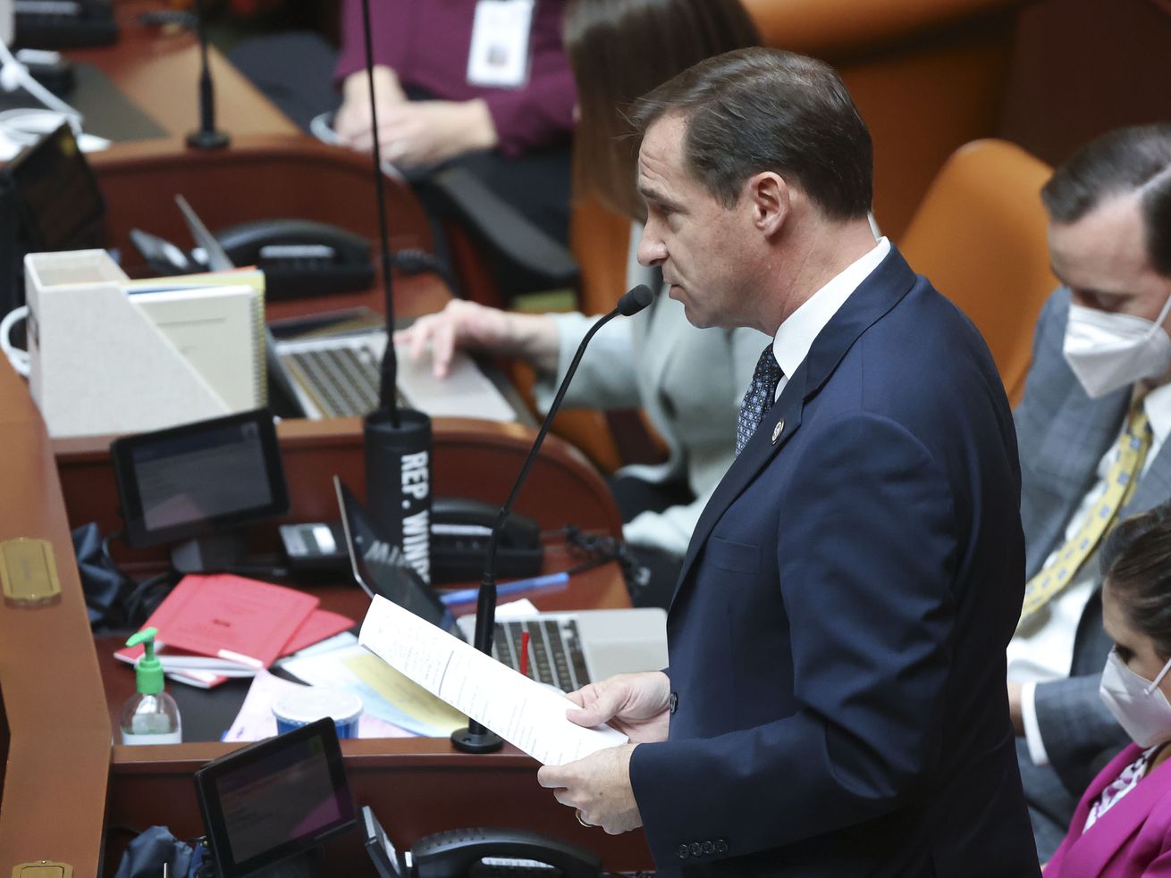 Rep. Steve Eliason, R-Sandy, speaks at the Capitol in Salt Lake City on Jan. 18. The Utah House narrowly rejected a bill Monday that would have required that vehicles pass a muffler inspection as a prerequisite for registration.
