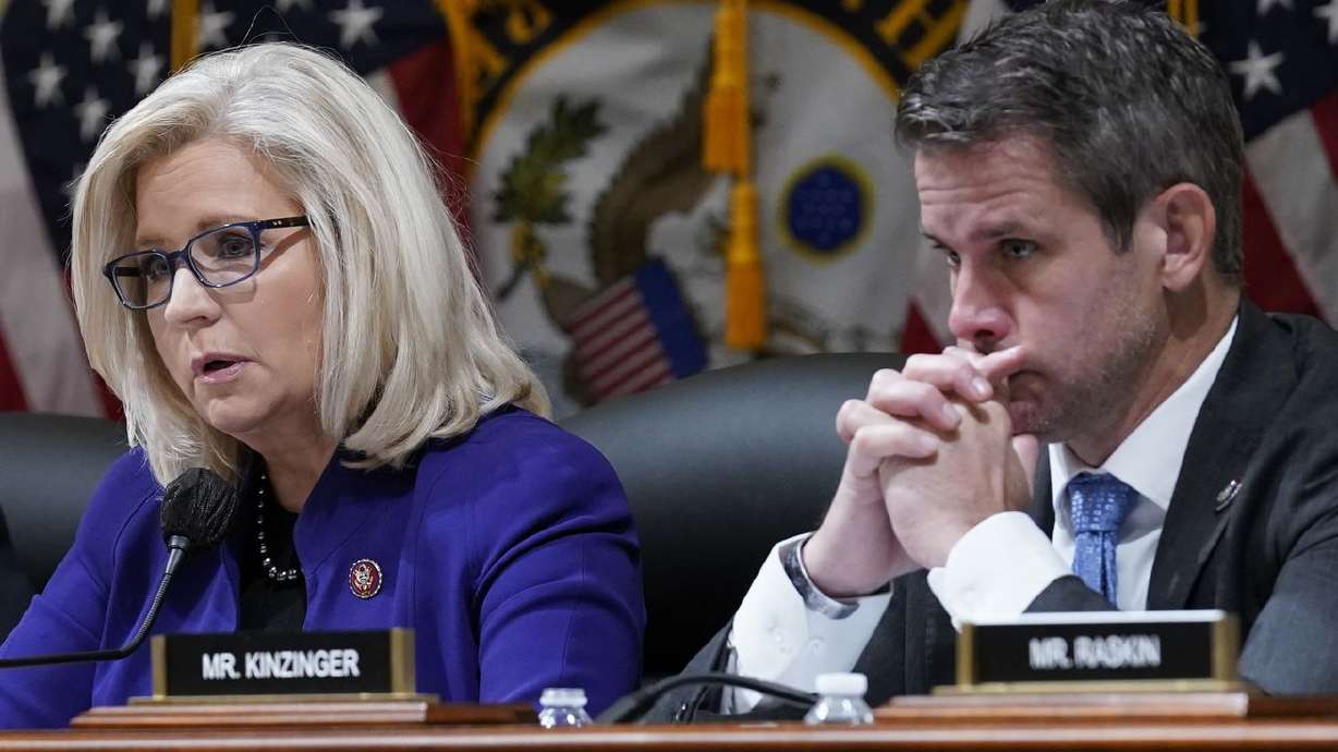 Rep. Liz Cheney, R-Wyo., and Rep. Adam Kinzinger, R-Ill., listen as the House select committee tasked with
investigating the Jan. 6 attack on the U.S. Capitol in Washington on Oct. 19, 2021. Utah Republicans in Congress are talking about the RNC's idea of "legitimate political discourse."