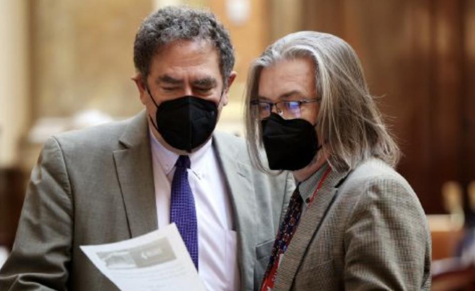 Rep. Brian King, D-Salt Lake City, left, talks with Rep. Joel Briscoe, D-Salt Lake City, at the Capitol in Salt Lake City on Monday. King referenced a Latter-day Saint apostle’s words on the Constitution while calling out Republicans for censuring two of their own over their participation in the congressional committee investigating last year’s attack on the U.S. Capitol.