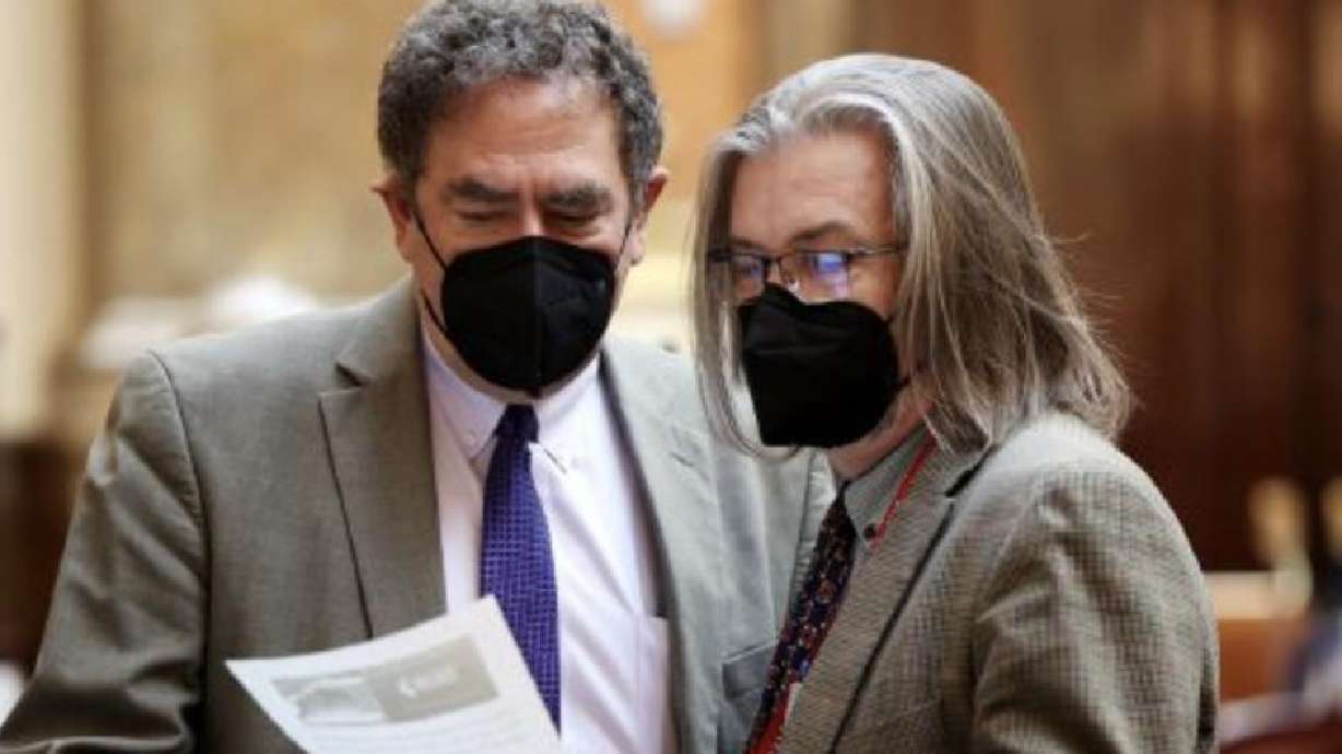 Rep. Brian King, D-Salt Lake City, left, talks with Rep. Joel Briscoe, D-Salt Lake City, at the Capitol in Salt Lake City on Monday. King referenced a Latter-day Saint apostle’s words on the Constitution while calling out Republicans for censuring two of their own over their participation in the congressional committee investigating last year’s attack on the U.S. Capitol.