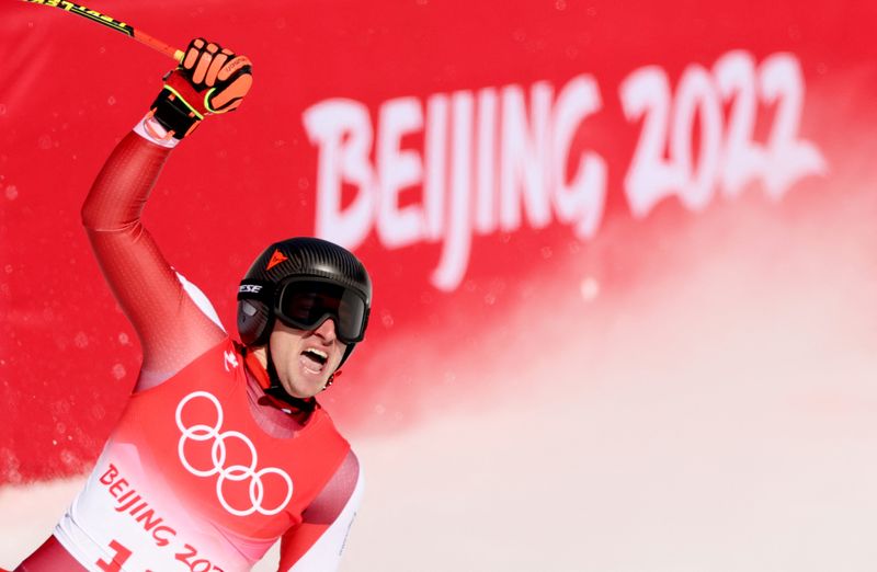 2022 Beijing Olympics - Alpine Skiing - Men's Super-G - National Alpine Skiing Centre, Yanqing district, Beijing, China - February 8, 2022. Matthias Mayer of Austria reacts after his run.