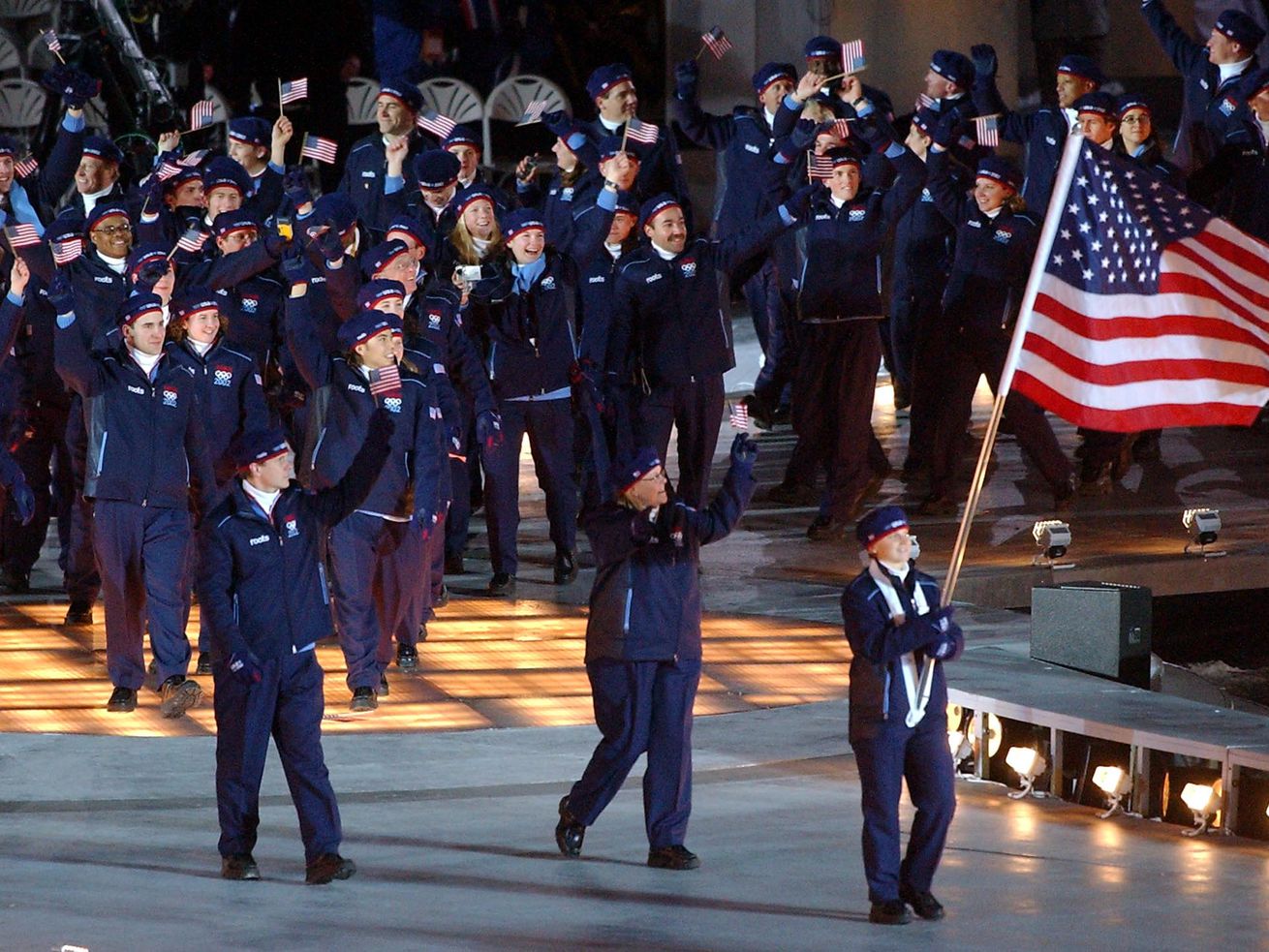 Team USA enters Rice-Eccles Stadium during the opening ceremonies of the Salt Lake 2002 Winter Games on Feb. 8, 2002.