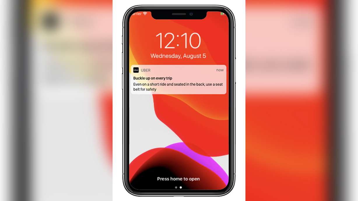 An example of an app alert that riders will receive reminding them to wear a seat belt. The alert will be sent at the beginning of at the start of a rider's next five rides beginning Tuesday.