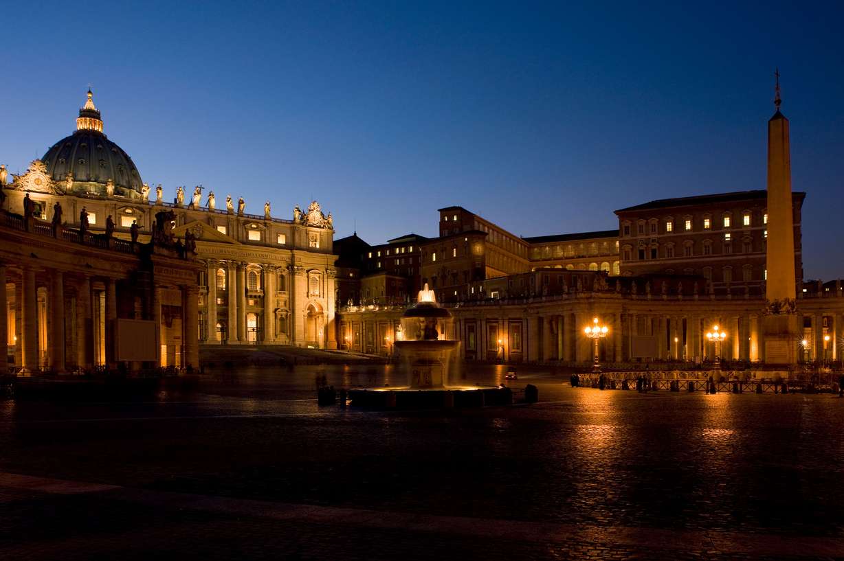 St. Peter's square is seen at night in Vatican City. The Vatican has already strongly defended Pope Emeritus Benedict XVI’s record in the aftermath of the law firm report, recalling that Benedict was the first pope to meet with victims of abuse
