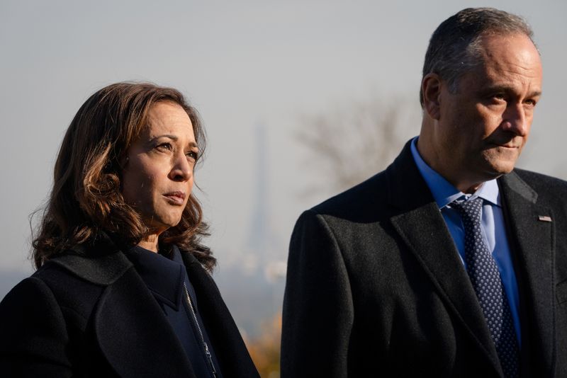Vice President Kamala Harris and second gentleman Doug Emhoff tour Suresnes American Cemetery in Suresnes, France, Nov. 10, 2021. Secret Service agents rushed Emhoff to safety on Tuesday, while students and administrators evacuated after a bomb threat was reported at a Washington, D.C., school celebrating a Black History Month event