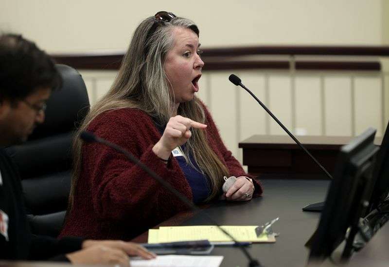 Maleah Caulford speaks in opposition of SB88, Digital
Driver License Amendments, from Sen. Lincoln Fillmore, R-South
Jordan, in the House Public Utilities, Energy and Technology
Committee meeting in the Senate building at the Capitol in Salt
Lake City on Monday. The bill was held.