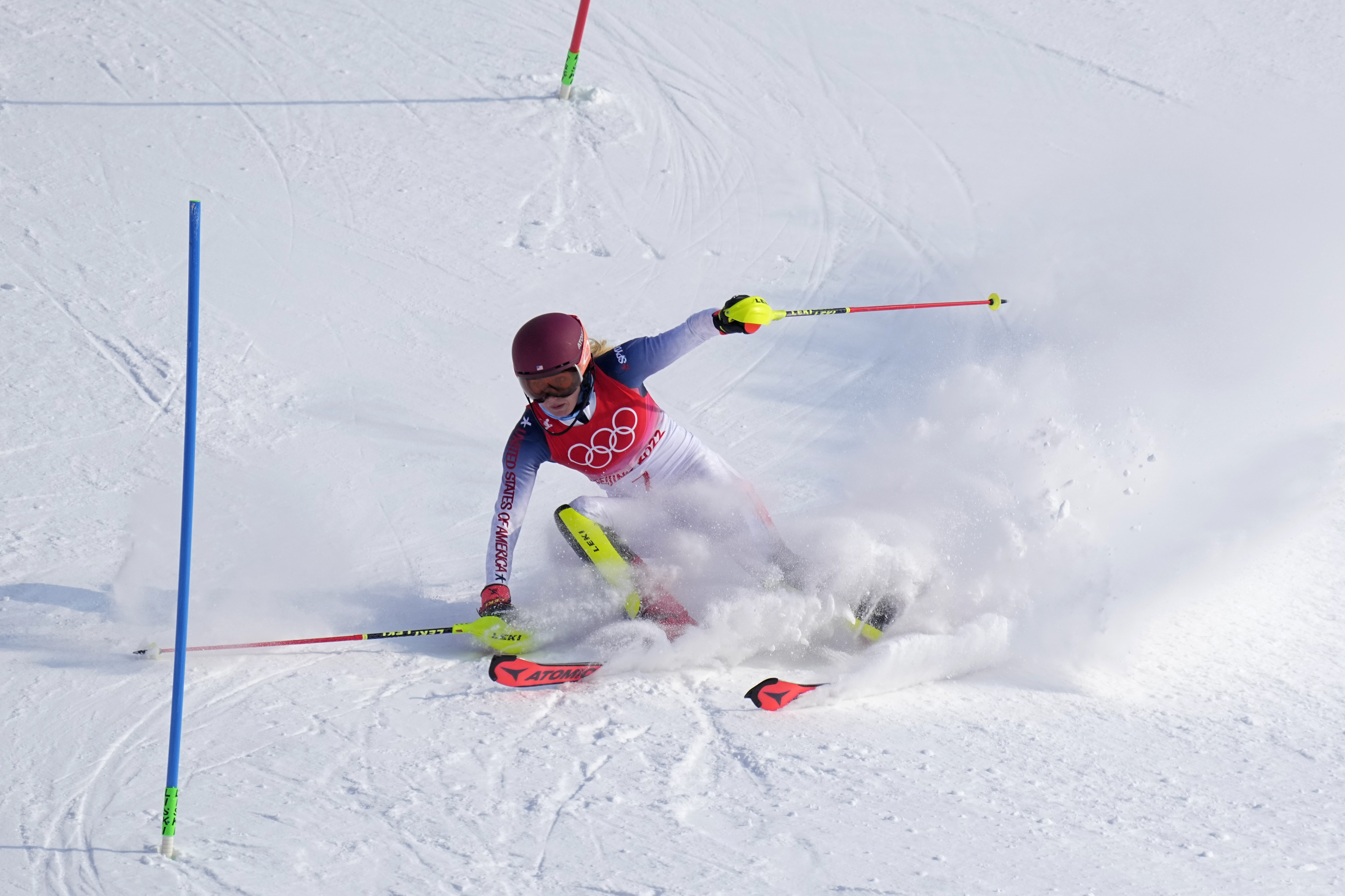 Mikaela Shiffrin, of the United States skis out in the first run of the women's slalom at the 2022 Winter Olympics, Wednesday, Feb. 9, 2022, in the Yanqing district of Beijing. 