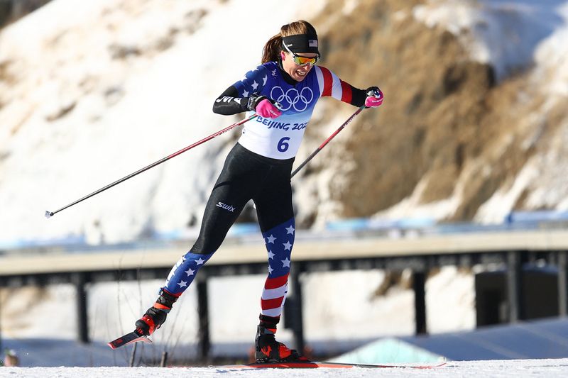 2022 Beijing Olympics - Cross-Country Skiing - Women's Sprint Free Qualification - National Cross-Country Centre, Zhangjiakou, China - February 8, 2022. Rosie Brennan of the United States in action.