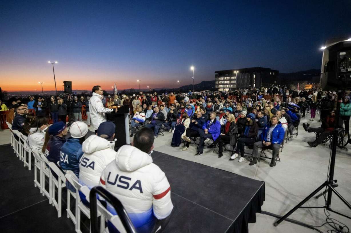 Fraser Bullock, former COO of the Salt Lake Organizing Committee of the 2002 Winter Olympics, speaks to the crowd prior to the Olympic Cauldron being lit marking the 20-year anniversary of the Salt Lake 2002 Olympics opening ceremony at Rice-Eccles Stadium at the University of Utah in Salt Lake City on Tuesday, Feb. 8, 2022.