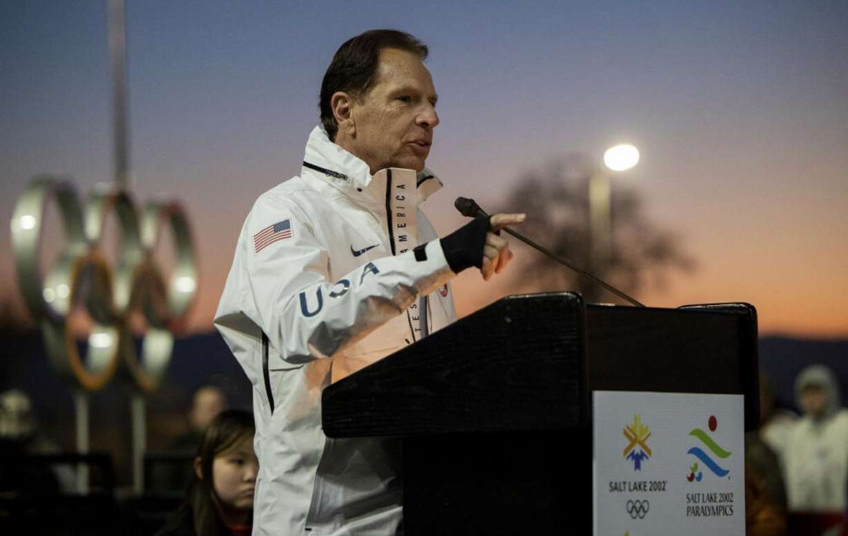 Fraser Bullock, former COO of the Salt Lake Organizing Committee of the 2002 Winter Olympics, speaks to the crowd prior to the Olympic Cauldron being lit marking the 20-year anniversary of the Salt Lake 2002 Olympics opening ceremony at Rice-Eccles Stadium at the University of Utah in Salt Lake City on Tuesday, Feb. 8, 2022.