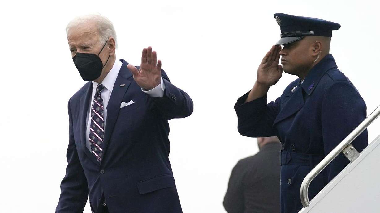 President Joe Biden waves as he steps off Air Force One upon arrival at John F. Kennedy Airport on Feb. 3, in the Queens borough of New York. Biden’s approval rating among Utah
voters has risen, according to a new poll.