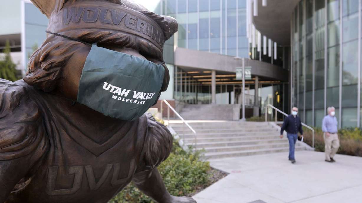 A statue of Utah Valley University’s Wolverine mascot wears a mask on the campus in Orem on Sept. 23, 2020. A bill under consideration by the Utah Legislature would create a state endowment to fund college scholarships and other programs.