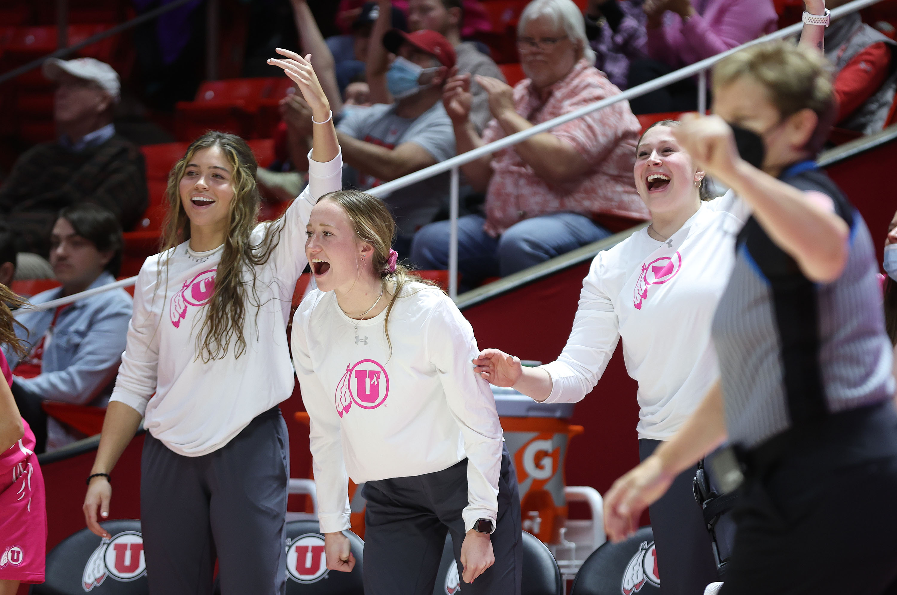 Utah Utes bench cheer in Salt Lake City on Sunday, Feb. 6, 2022.