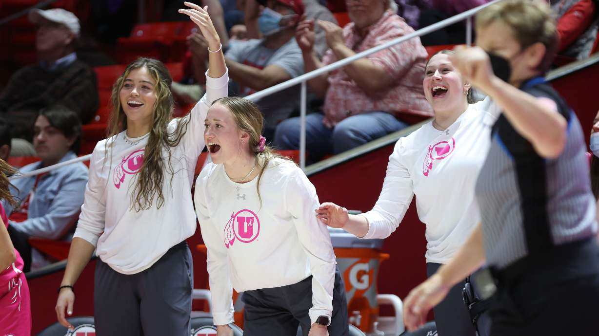 Utah Utes bench cheer in Salt Lake City on Sunday, Feb. 6, 2022.