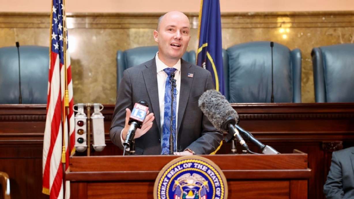 Utah Gov. Spencer Cox speaks during a press conference announcing the automatic record expungement under Utah’s Clean Slate law on Thursday.