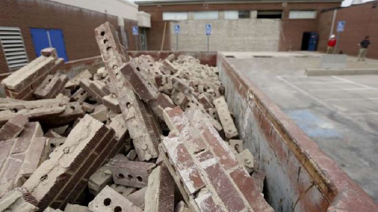 Bricks that fell off a wall at Cyprus High School during the 5.7 magnitude earthquake and its aftershocks are pictured April 6, 2020. A 2.5-magnitude earthquake in Magna on Wednesday was another aftershock tied to the March 2020 mainshock.