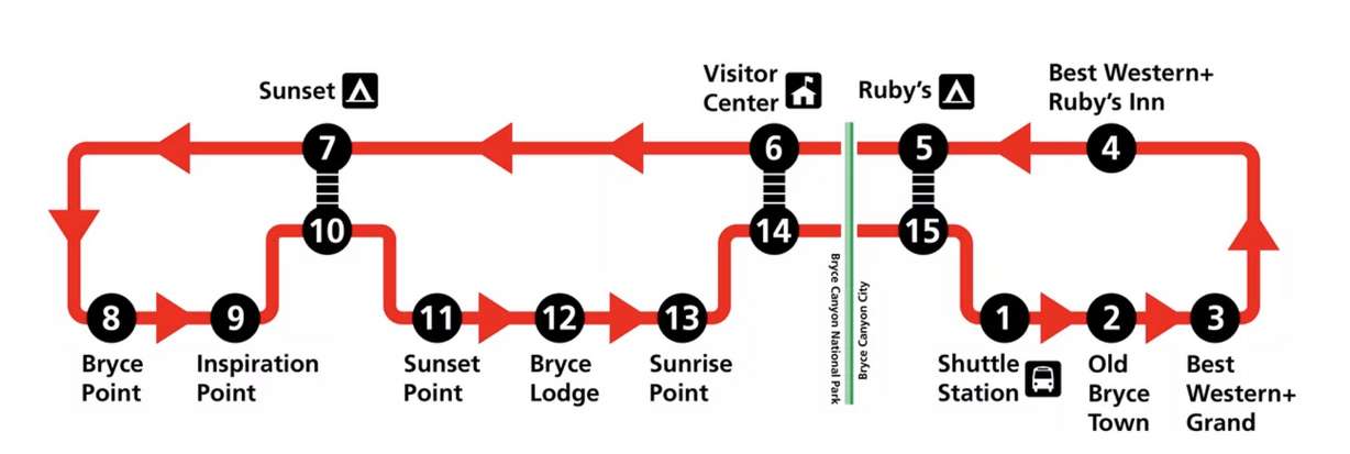 A map of the Bryce Canyon National Park shuttle bus service. Utah-based Red Canyon Transit will continue to run the service through at least March 2027.
