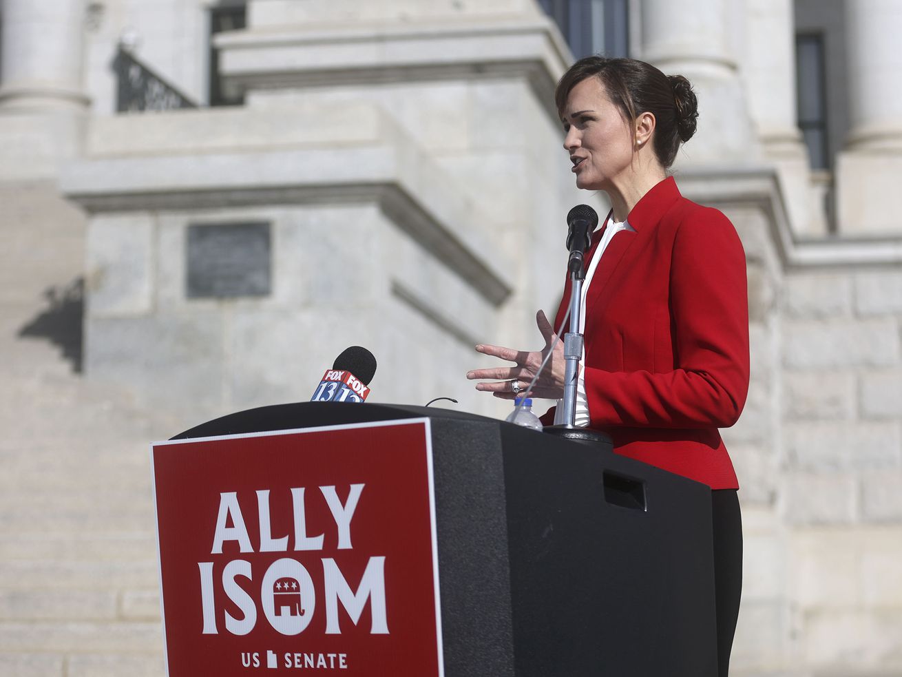 GOP Senate candidate Ally Isom calls on Sen. Mike Lee, R-Utah, to limit his service to two terms and pledges to serve only
two terms if she is elected, during a press conference on the steps of the Capitol in Salt Lake City on Thursday.