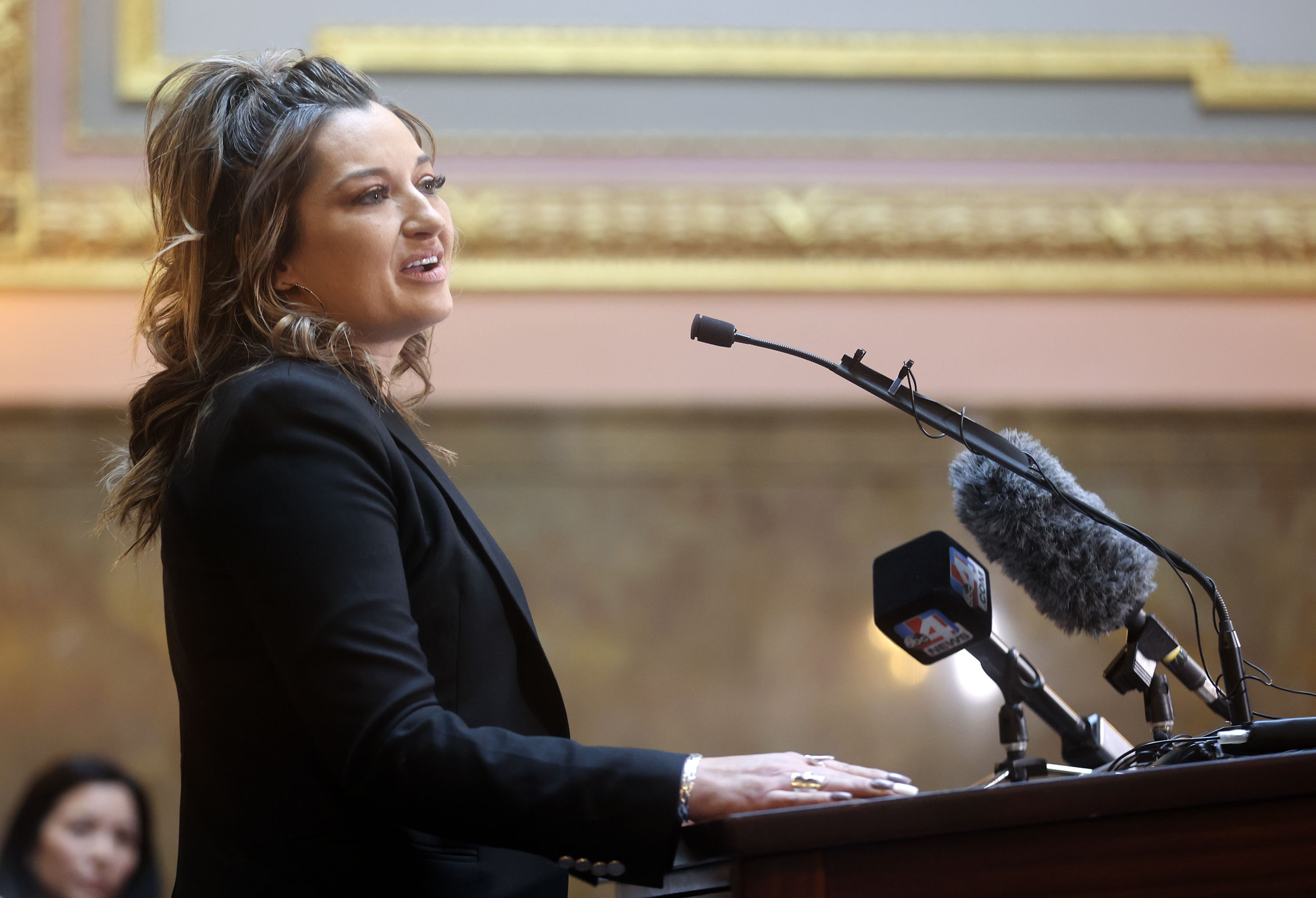 Amy Daeschel, who will be eligible for automatic expungement, speaks during a press conference to announce the start of automatic record expungement, under Utah’s clean slate law, at the Capitol in Salt Lake City on Thursday.