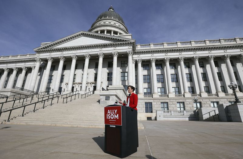 GOP Senate candidate Ally Isom calls on Sen. Mike Lee, R-Utah, to limit his service to two terms and pledges to serve only two terms if she is elected, during a press conference outside the
Capitol in Salt Lake City on Thursday.