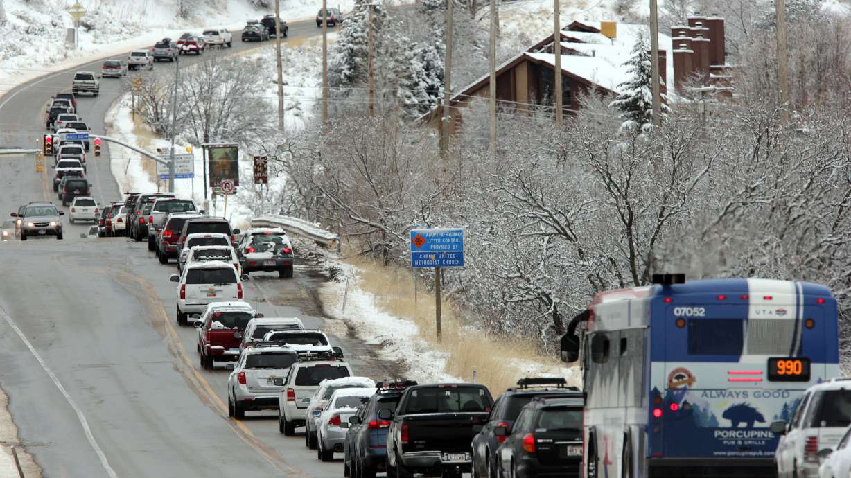 Traffic is backed onto Wasatch Drive as skiers try to get up Little Cottonwood Canyon on Feb. 19, 2021. UDOT is proposing a gondola or enhanced bus system to address traffic concerns. A University of Utah student group is opposing those plans.